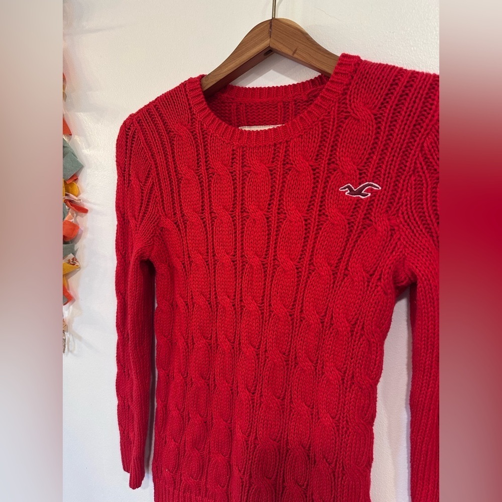 Hollister Chunky Cable Knit Y2K Red Sweater Women’s Size X-Small Red Classic - Picture 3 of 7